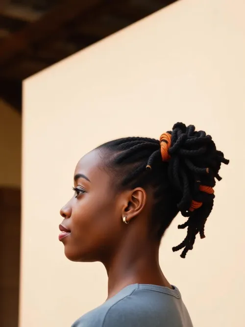 Long locs styled with copper wraps