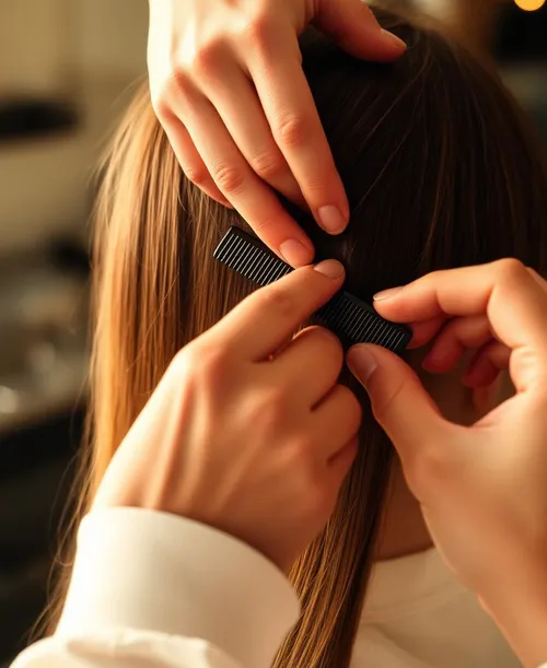 Stylist's hands sectioning hair with a comb